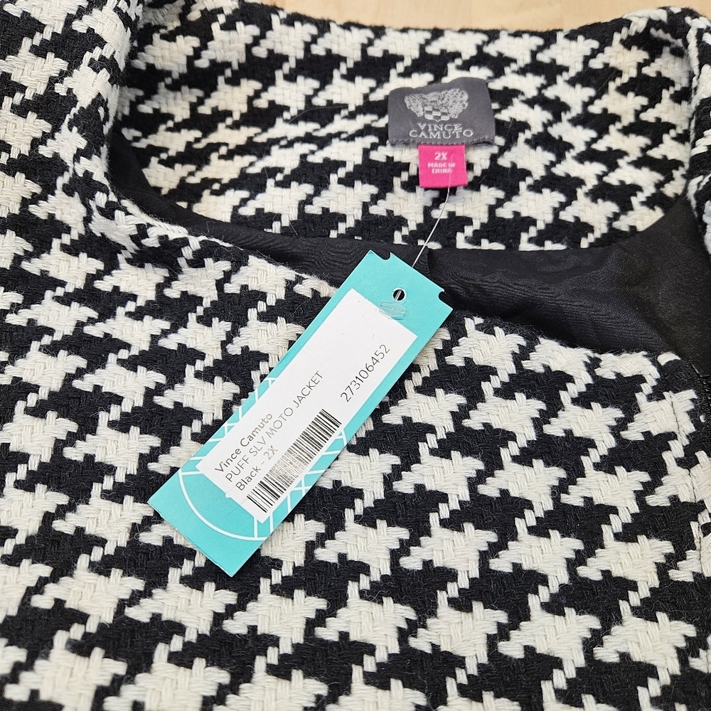 Vince Camuto NWT White/Black Houndstooth Puff Shoulder Moto Jacket Size 2X - Picture 14 of 14